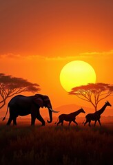 Fototapeta na wymiar vibrant silhouettes wildlife glowing sunset mesmerizing savanna landscape, horizon, africa, animals, colors, trees, grass, evening, light, shadow, nature
