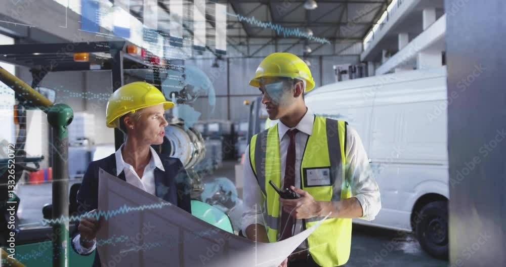 Poster engineers in hard hats discussing plans with data processing animation overlay