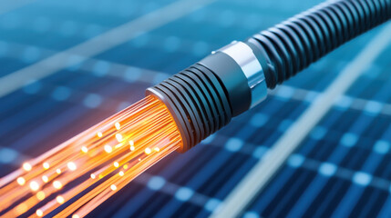 Fiber optic cable with glowing data transfer in technological setting