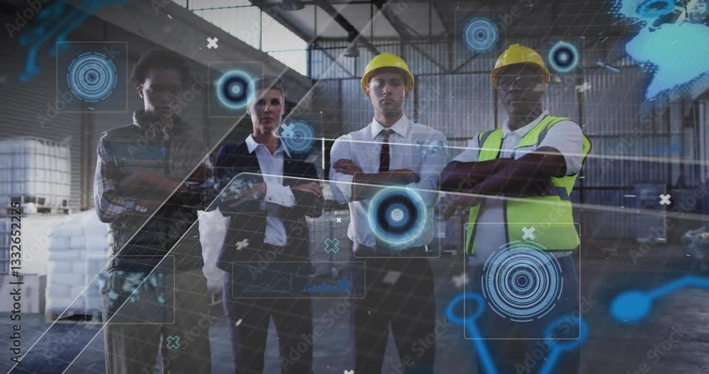 Poster engineers in hard hats standing with digital data processing animation overlay