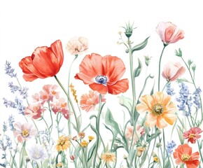 Fototapeta premium Watercolor painting of various wildflowers including poppies and lavender creating a vibrant meadow scene
