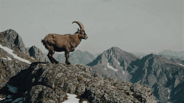 A majestic Pyrenean Ibex stands tall on a rocky mountain ledge, its curved horns symbolizing strength and resilience. 