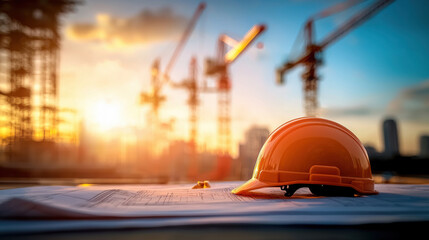 Orange safety helmet on blueprints at construction site during sunset
