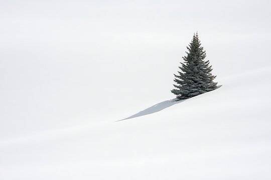 A solitary evergreen tree stands in a vast snowy landscape - Powered by Adobe