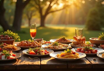 vibrant food compositions bathed warm sunset hues creating inviting culinary experience, appetizing, dish, colors, lighting, textures, plating