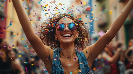 Woman celebrates in confetti-filled street parade