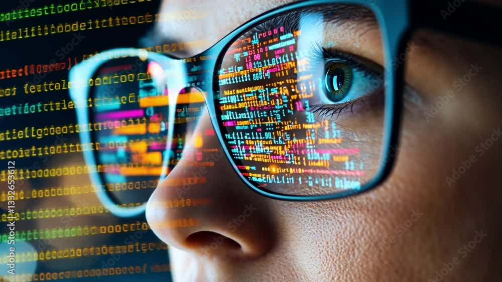 Poster close-up of a programmer focusing on complex code displayed on glasses in vibrant colors