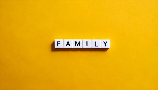 Family word banner letter tiles on yellow background isolated modern simple aesthetics