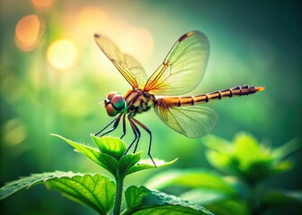 Dragonfly Closeup, Tilt-Shift Goutweed Leaf, Macro Insect Photography, Nature Banner