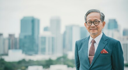 Fototapeta premium Elderly asian male executive in suit with city skyline background