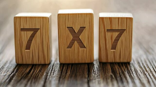 Wooden blocks displaying multiplication equation in natural light on wooden surface