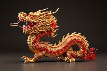 Fototapeta premium A detailed golden Chinese dragon sculpture, showcasing its vibrant colors and intricate scales, embodying strength and good fortune in traditional culture.
