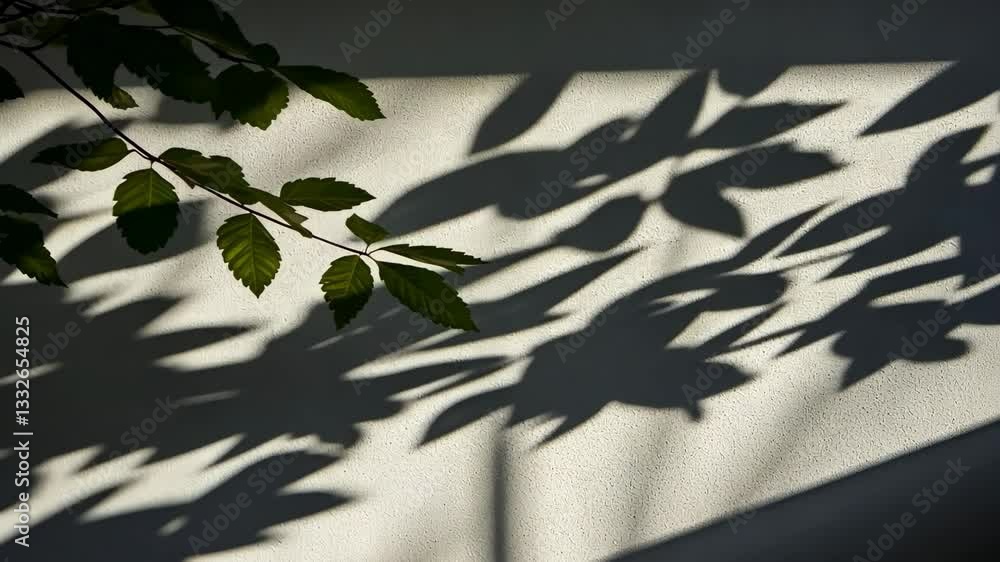 Poster shadows of leaves cast on a textured wall create an intriguing pattern during the early afternoon su