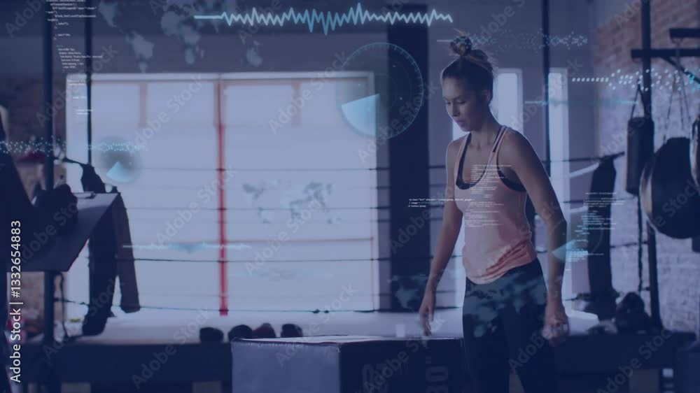 Poster woman exercising in gym with digital data and graphs overlay animation