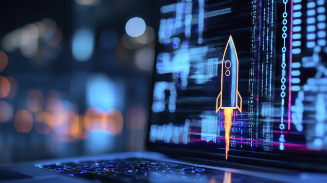 Rocket emerging from laptop screen, symbolizing innovation and technology
