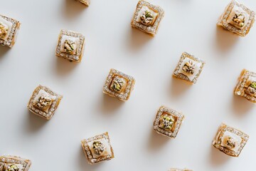 Square sweets pattern, white background, food photography, recipe website