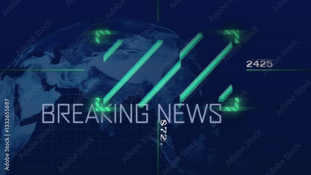 Poster breaking news text animation over digital globe and grid background