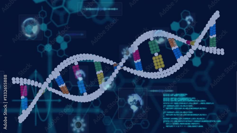 Poster dna strand and binary coding processing scientific data in animation style