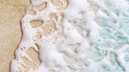 Beach sand and foamy waves create serene coastal scene. gentle textures evoke sense of calm and relaxation