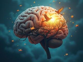Conceptual Illustration of a Brain with Tree and Birds