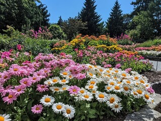Colorful Flower Bed with Pink, White, and Yellow Blooms Under Bright Blue Sky in Lush Green Garden Landscape