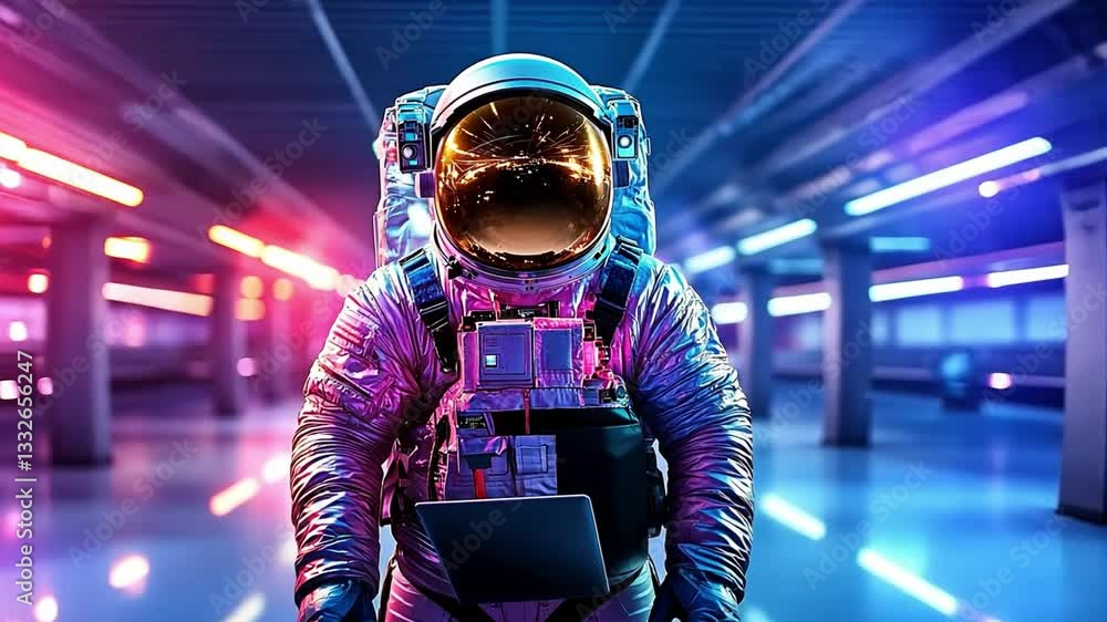 Poster astronaut in futuristic setting with vibrant lights and advanced technology