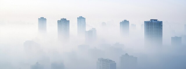 Fototapeta premium Fog-Covered Urban Skyline with Tall Buildings in Soft Light