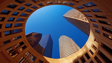 Looking upwards through an architectural circle at tall city buildings