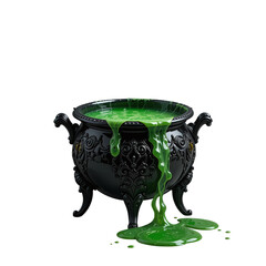 Black cauldron with green toxic liquid spooky Halloween potion isolated on transparent background