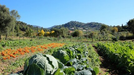 Fototapeta premium Vibrant organic vegetable farm field under clear blue sky showcasing sustainable practices