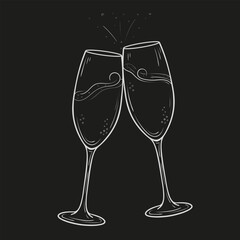 Hand drawn outlined illustration of two champagne glasses clinking together. Celebratory clipart for decoration, menu, coloring page, cards, invitations. White drinking glasses on black background.