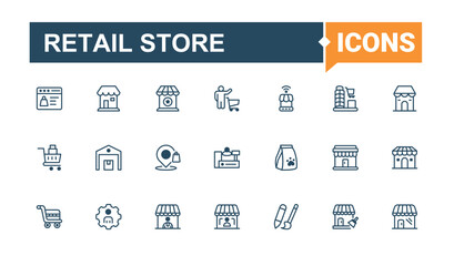 Retail Store line icons set. Contains outline symbols like supermarket, shopping, cart, sale, market. Store icon set. Thin line and solid style icons. illustration in modern style.