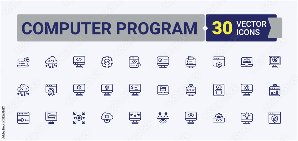 Poster computer program minimal icon set. included web, site, computer, programming, dev, code, technology,