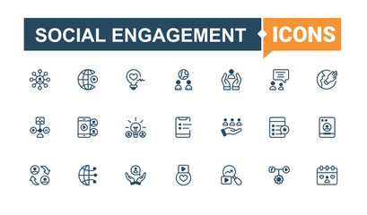 Social Engagement icons set in linear style. Contain linear sign for support, care, friends, team, society and more. Social icon set. Thin line and solid style icons. Minimal icon pack.