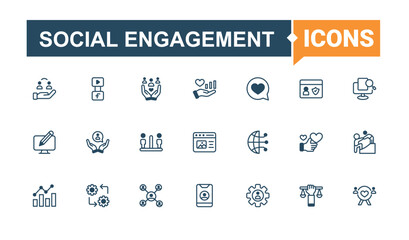 Social Engagement icons set in linear style. Contain linear sign for support, care, friends, team, society and more. Social icon set. Thin line and solid style icons. Minimal icon pack.