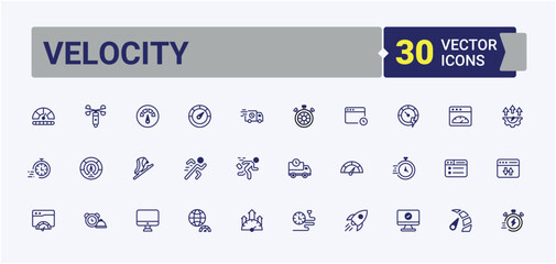 Velocity line icons. Includes thin line speedometer, express, meter, fast, speed, rapid and more. Speed linear icon. Icons for UI. Editable vector outline and solid icon.