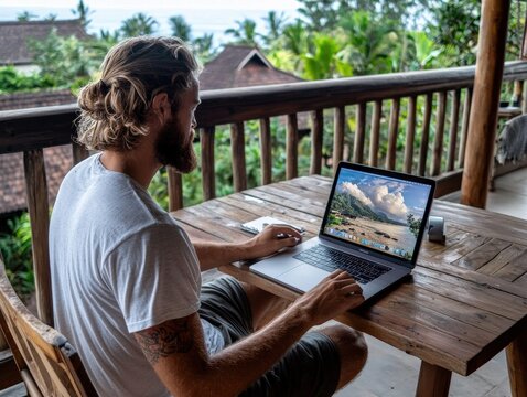 A young professional working remotely from a tropical location, digital nomad lifestyle, laptop setup