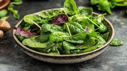 Organic mixed greens including spinach, kale, and arugula, tossed in a bowl with light vinaigrette dressing, illuminated by soft natural light. Perfect for promoting organic salads and healthy meal op
