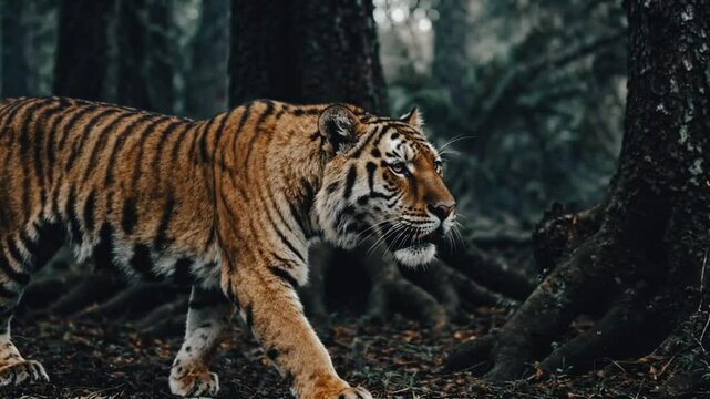 A majestic Saber-Toothed Tiger roams through the misty prehistoric jungle, its powerful form blending into the ancient wilderness. Perfect for wildlife and fantasy enthusiasts.