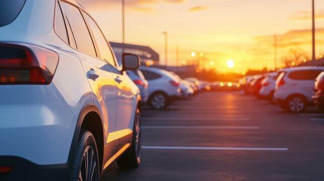 White car parked in dealership parking lot during golden hour sunset