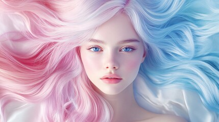  Woman Portrait with Soft Pastel Pink and Blue Hair Blending into a Satin Background. Copy space. Generative AI