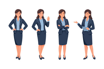 Obraz premium Young business woman standing in different poses. Isolated vector illustration set