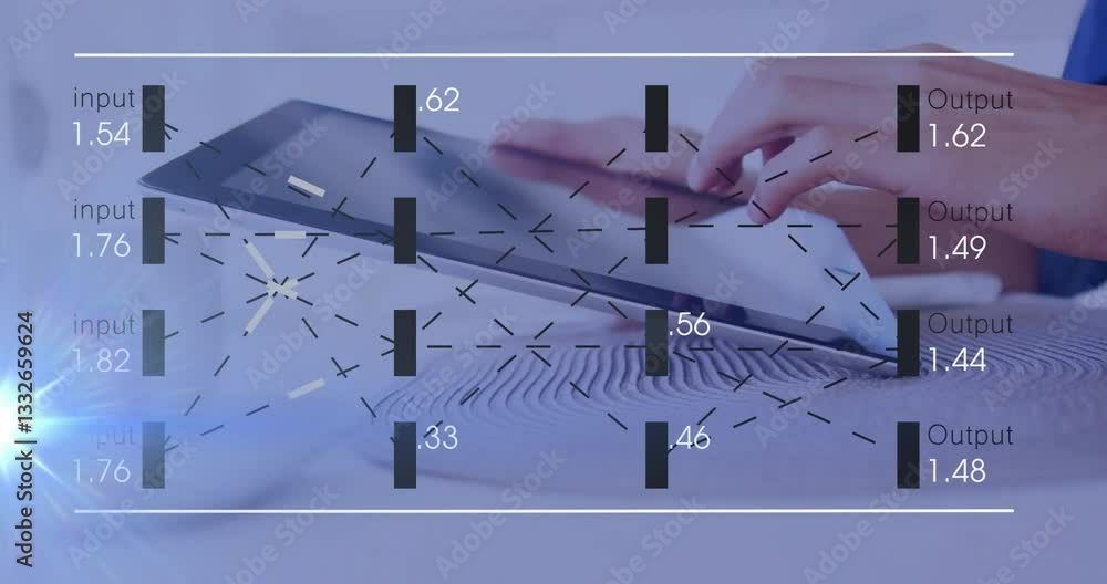 Aufkleber hands using tablet with data processing animation overlaying input and output values
