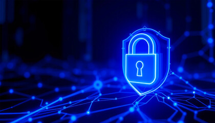 a digital padlock security shield protecting data.