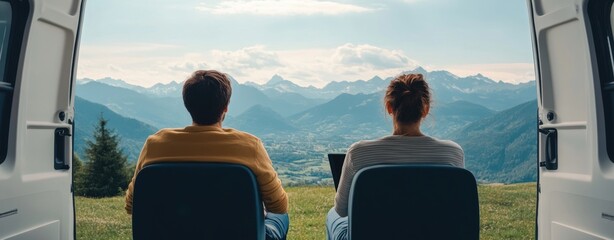 Digital nomad couple enjoying scenic mountain view from van, embracing freedom and adventure