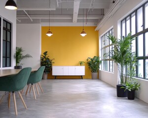 Stylish co working space with yellow accent wall and greenery