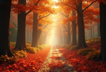 enchanting woodland walkway covered vibrant autumn foliage colorful leaves sunlight filtering through trees, path, nature, forest, trail, scenery, landscape