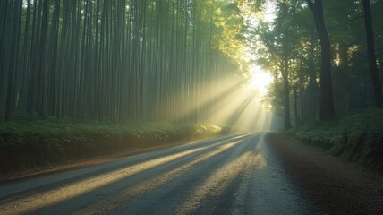 Obraz premium Misty Forest Road at Sunrise Sunbeams Illuminating Pathway