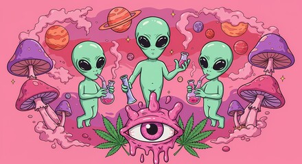 A surreal and psychedelic scene features three green aliens in a cosmic, dreamlike setting.