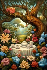 Obraz premium Magical Garden Tea Party Under a Canopy of Blooming Flowers in a Serene Forest Setting